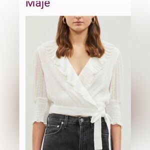Maje White Plumeti Wrap Cropped Blouse w/ Ruffle Trim